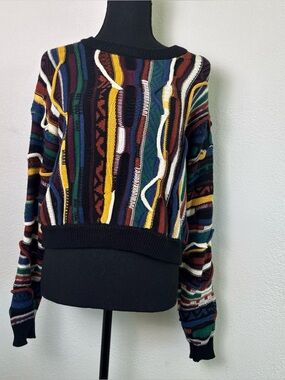 Forever 21 Coogi Style Sweater Women Black Multi Color 3D Knit Cropped Crew Neck